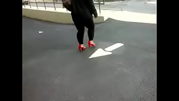 BBW Latina Milf walking with big thick shapely legs in leggings and heels (red)