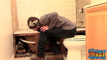 Naughty plumber playing with his cock and making it rain