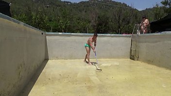 The boy who comes to clean the pool wants to clean something else for my exhibitionist stepsister who wants to fuck him with me recording them
