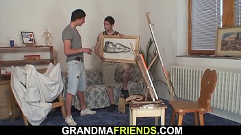 Young boys bang nude old lady from both sides