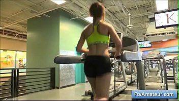 Sexy teen blonde amateur Fiona flash her tits at the gym while working her booty off