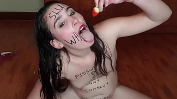 Self degrading slut eats piss covered fruits | body writing