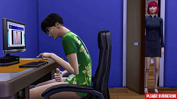 日本人の継母がコンピューターの前で自慰行為をしている継息子を捕まえる