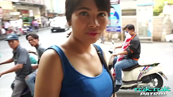 Horny big fake titty Thai babe fucks white stranger at tuktuk driver's garage
