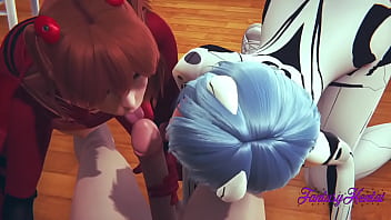 Evangelion Hentai 3D - Trio Shinji, Asuka et Rei dans la chambre de Shinji, ils sucent la bite de Shinji jusqu'à ce qu'il jouisse dans sa bouche puis il mange leur chatte et les baise