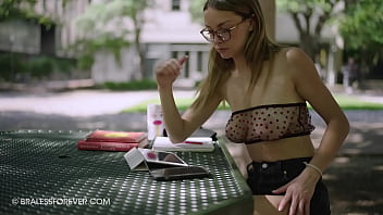Studying outside with her see through outfit