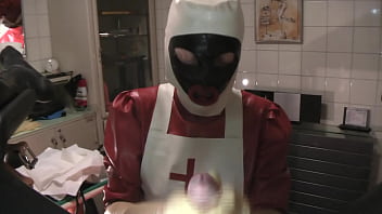 Rubbernurse Agnes - clinic red nurse dress, white apron, black fellatio mask, Part 1: blowjob, handjob, prostate massage