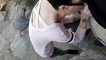 Hiking outdoor blowjob cum swallowing