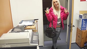 Blonde coworker sucks boss stinky cheese covered cock in the office