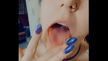 Jizz On Her Tongue! Tattooed Blue Hottie Plays for you