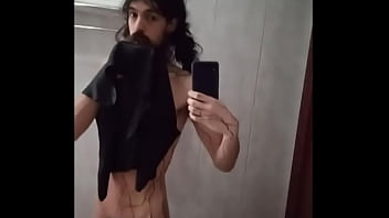 very long bearded femenine boy teasing cock on mirror