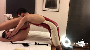 Sexy jock in rubber singlet bondage play with cute french twink
