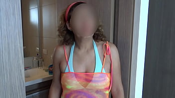 58-year-old Latina wife shows off in swimsuit on the beach