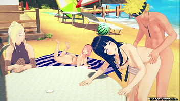 Sakura and Ino politely wait for Naruto to finish fucking Hinata on the beach