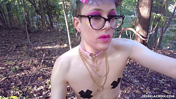 Femboy naked and oiled up in the woods - ASS FUCK and PISS