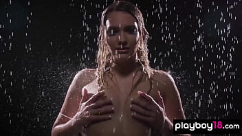 Big titted all natural blonde babe Kenna James stripping in the rain