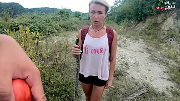 Wandered hiker fucks all her holes in search of food and water - eating cum with food