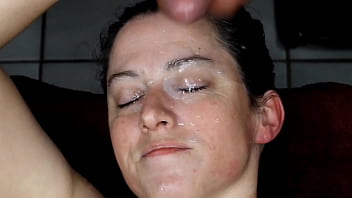 My cum dumpster gets a huge homemade facial load right in her eye