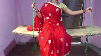 Sister-in-law wearing a red saree is looking amazing sitting on the swing, I will fuck you today