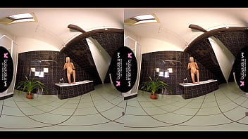 Solo blonde with big tits,Lena Love masturbating in bathroom,in VR.