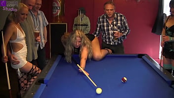 Public: Bareback fuck orgy in the billiard cafe! 3 girls are fucked hard by 10 men! Part 1