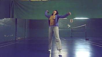 Flashing tits playing badminton in public sports hall