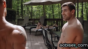 Bisexual lovers fuck bigbooty slut outdoor in threesome