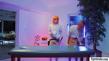 Two redhead TS masseuse fuck their client