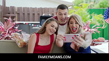 FamilyMoans - When stepbrother Johnny arrives at the party, he starts grilling some hotdogs, and sneakily gives some to Selena who starts sucking on his wiener as a way to say thank you