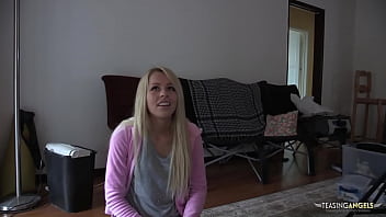 After a short interview, this blonde pornstar is ravaged by a big white dick