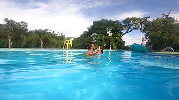 Hot kissing the little bitch in the pool before some wet sex