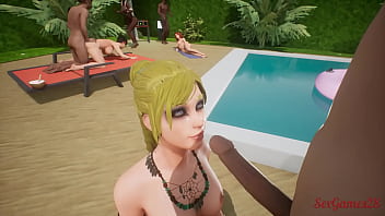 Блондинка занимается сексом у бассейна со своими друзьями