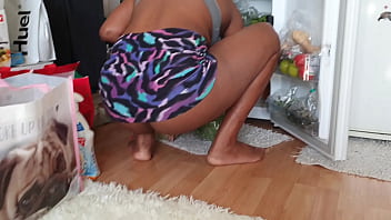WATCHING MY STEP SIS CLEANING THE FRIDGE BENDING OVER - CANDID UP SKIRT - AMBER BOOTY