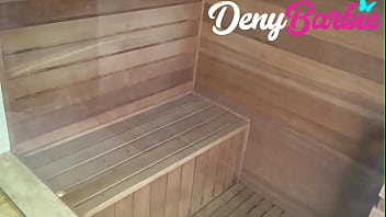 Deny barbie in the naked sauna, sitting on a hot dick.