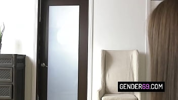 Brunette trans girl Jade Venus dressed in sexy stockings fucks her gf pussy