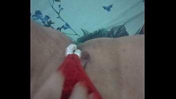 Little bitch rubbing herself with pearl panties