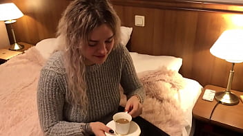 Blonde babe sucks cock and then drinks COFFEE WITH CUM!