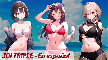JOI Hentai, drei Freunde wollen dich auf Spanisch masturbieren.