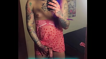 Trans girl shows off in the mirror with her big dick