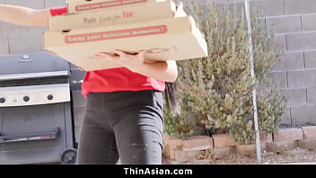 Asian Delivery Girl Gets Stuck in The Window and Fucked by Two Guys - Thinasian