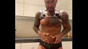 Latino gay pornstar in harness and leather panties in the kitchen fingering my cock - VIKTOR ROM -