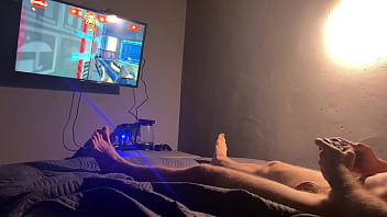 I'm playing a video game and I'm horny! I cum on my chest with a massive loads of cum!