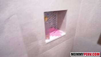 Stepmom sucking stepson's fat cock in bathroom