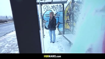 Hot blonde flashing tits at the bus stop