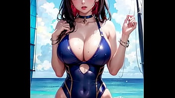 Anime Teen in Bikini naked on Beach, ASMR masturbation , juicy cameltoe , Uncensored Hentai